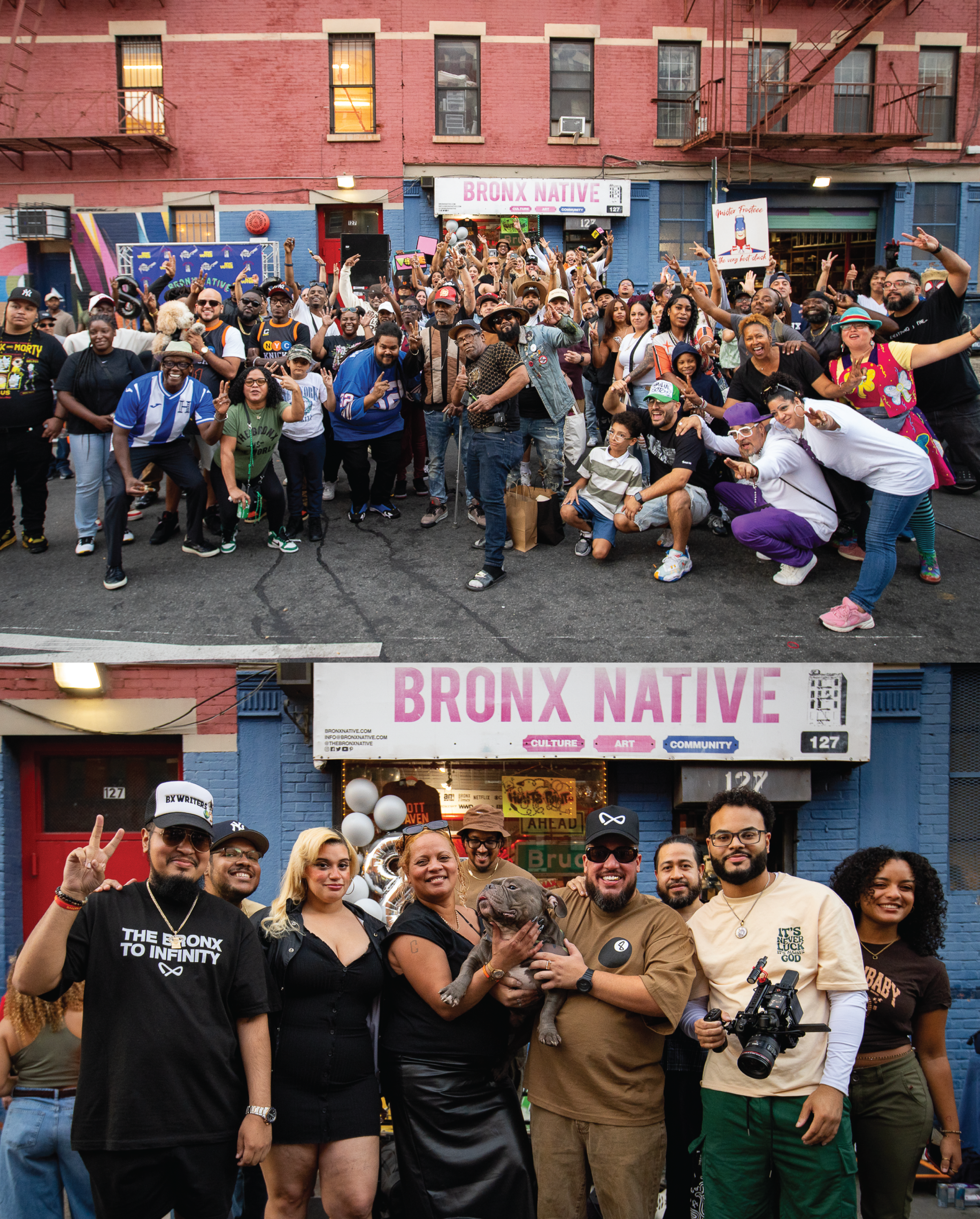 Collage of people in front of a building with 'Bronx Native' sign.