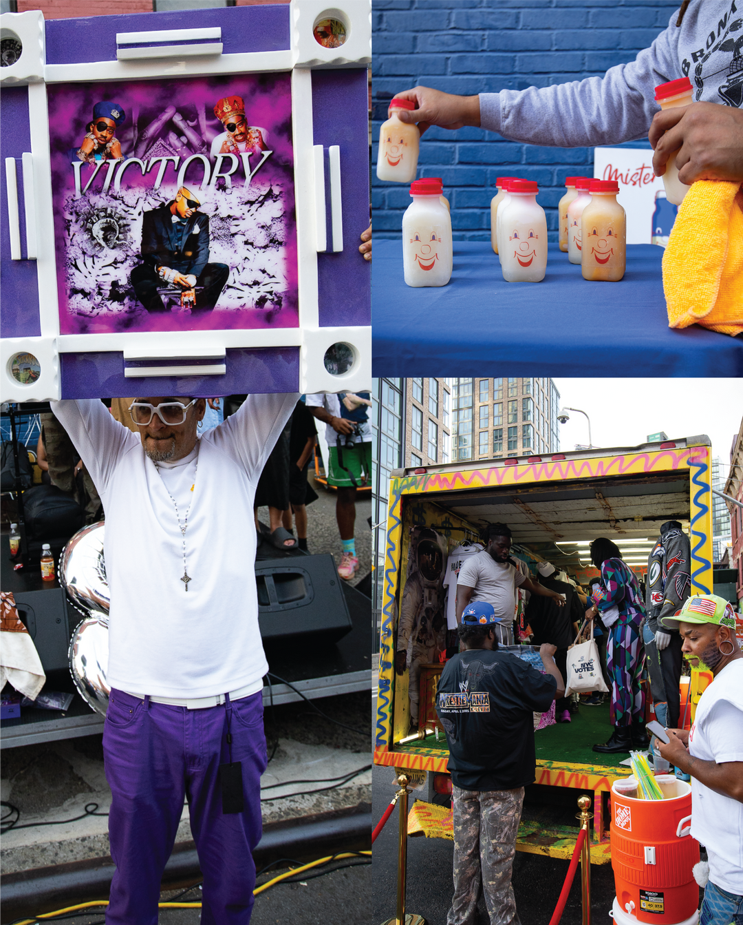 Collage of a person holding a 'Victory' poster, bottles with faces, and a street event.