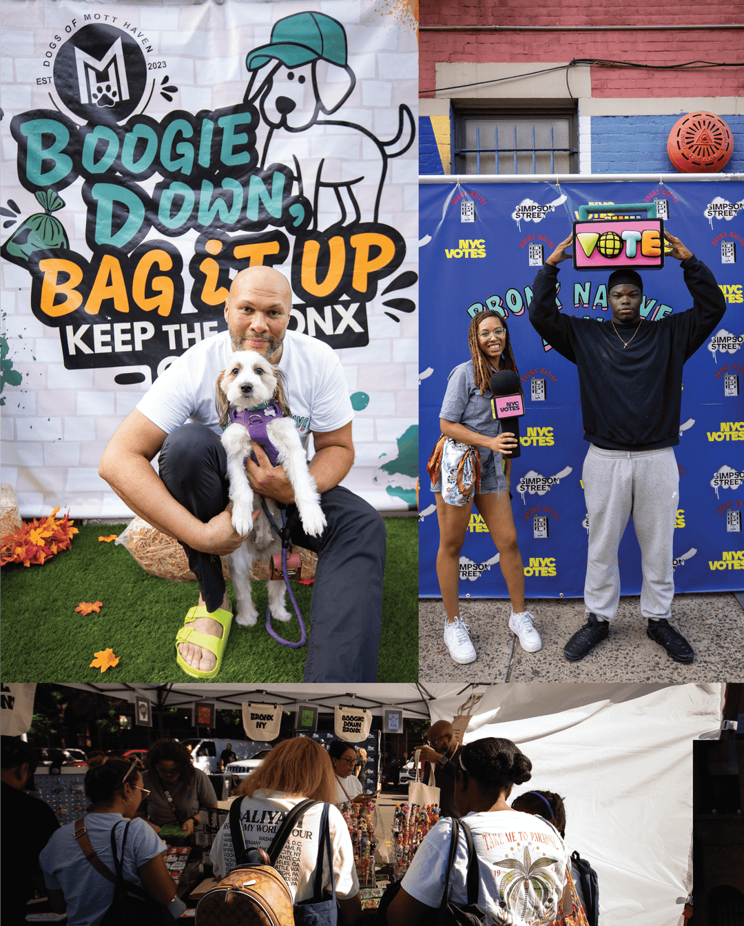 Collage of three images: a man with a dog, a person holding a 'VOTE' sign, and a market scene.