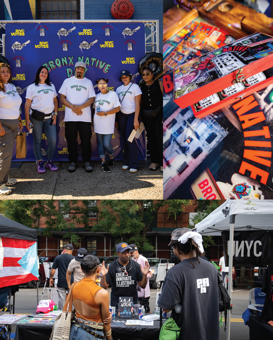 Collage of images including people at an event, 'Bronx Native' merchandise, and a street scene with people.