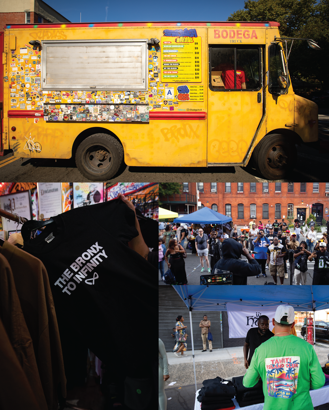 Collage of a colorful food truck, people at an event, and a person wearing a hoodie with text.