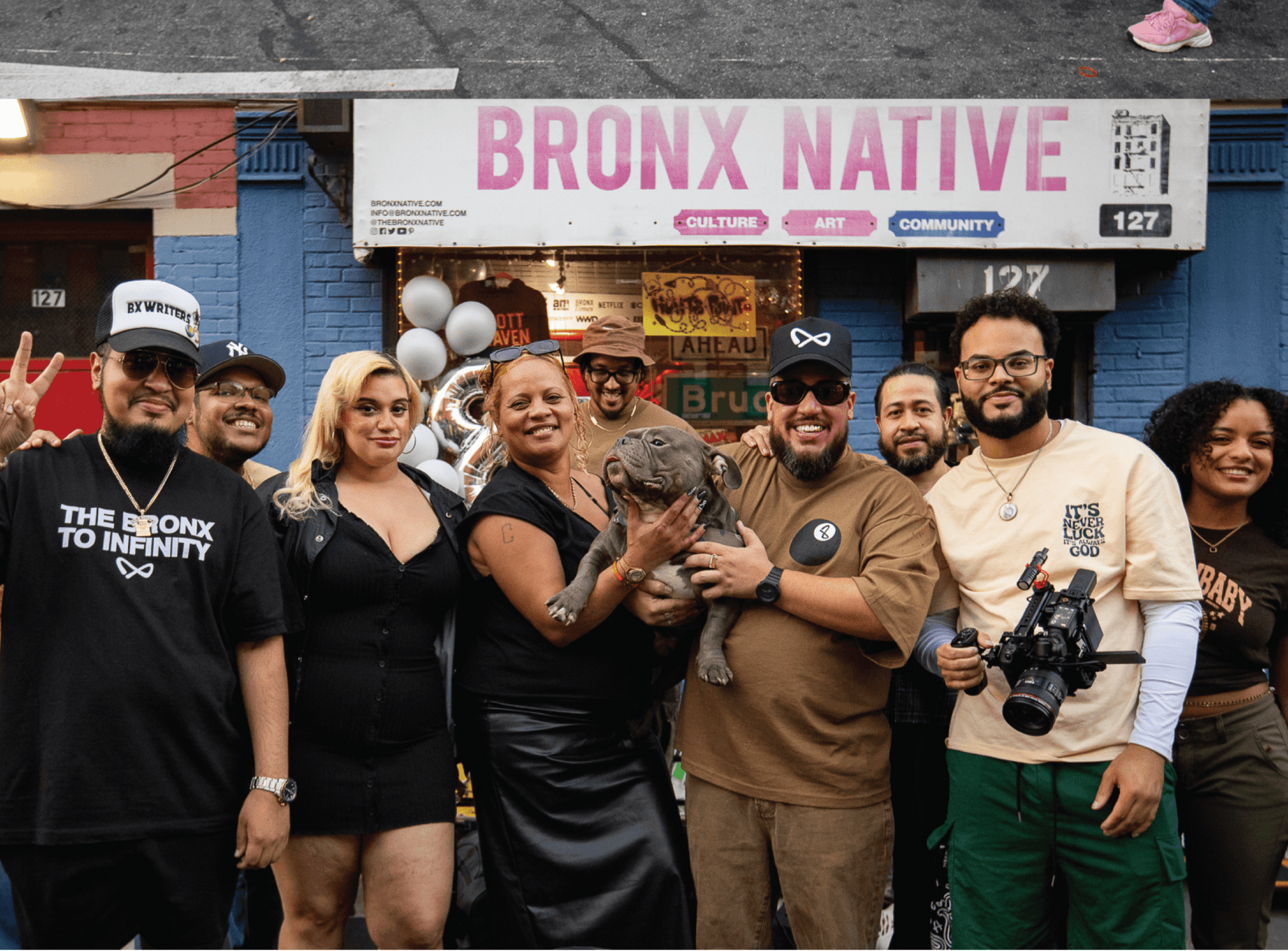 Collage of people in front of a building with 'Bronx Native' sign.