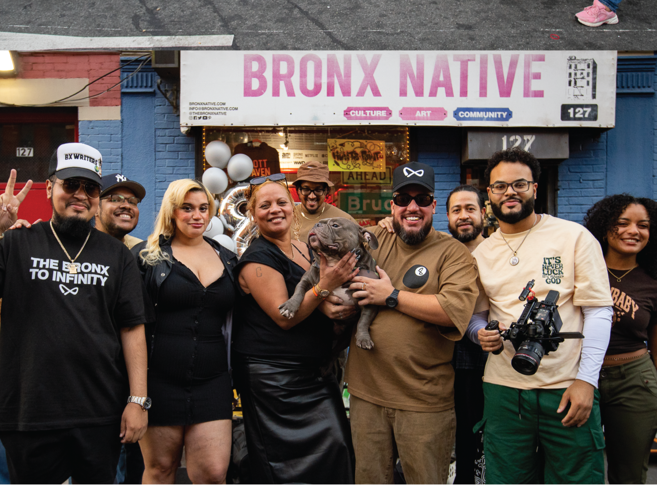 Collage of people in front of a building with 'Bronx Native' sign.