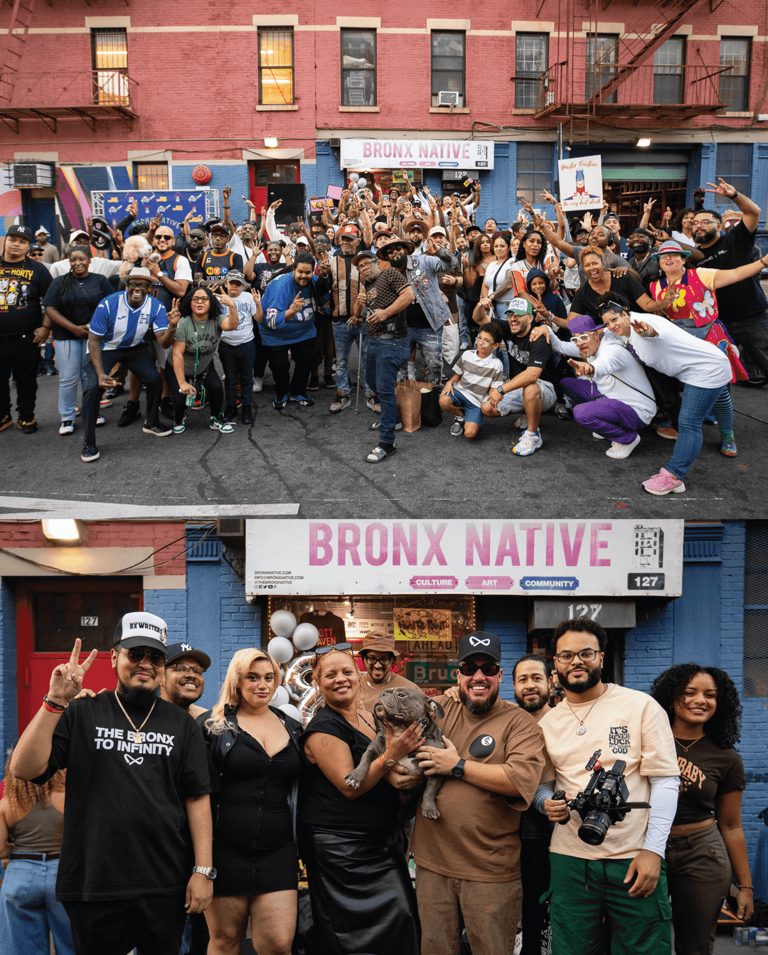Collage of people in front of a building with 'Bronx Native' sign.