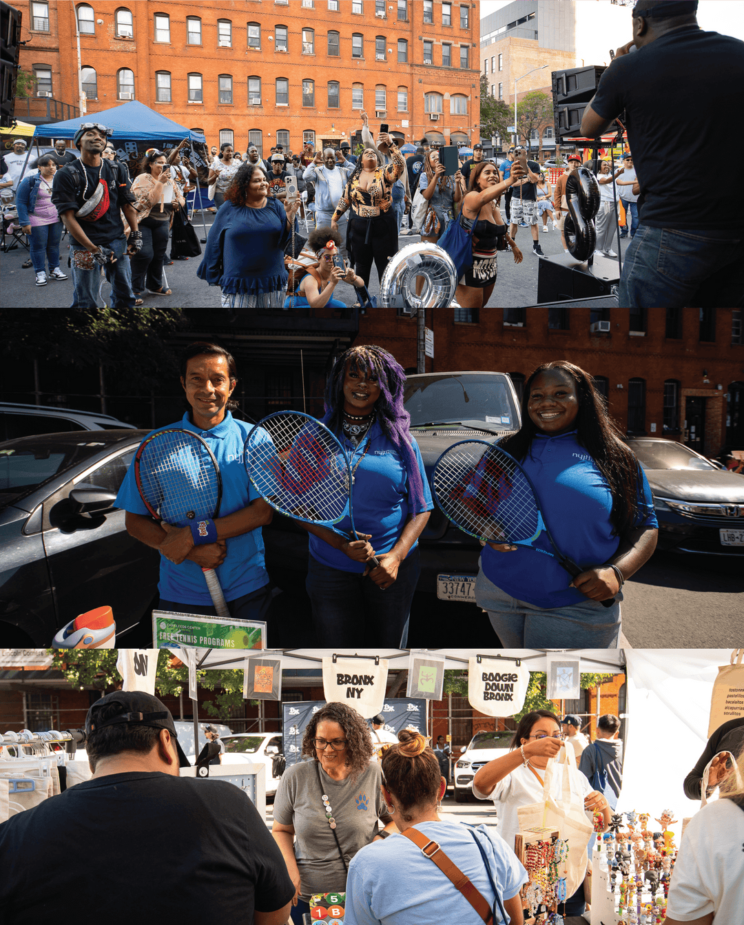 Collage of people at an outdoor event with a building and market stalls in the background.