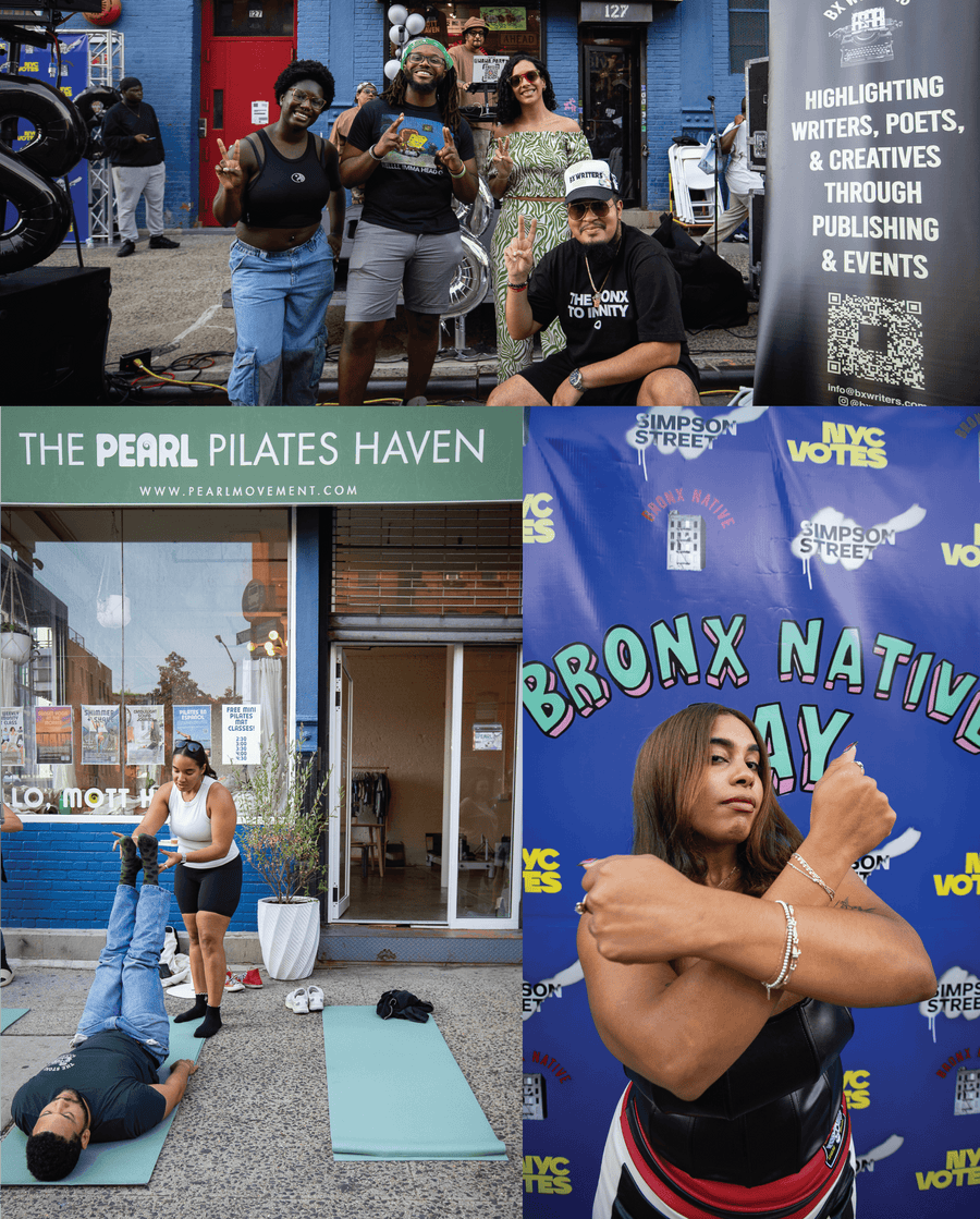 Collage of various images including people, a Pilates studio, and a political campaign poster.