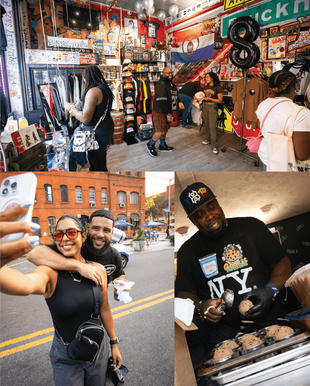 Collage of people in various settings, including a store interior, street scene, and a person cooking.