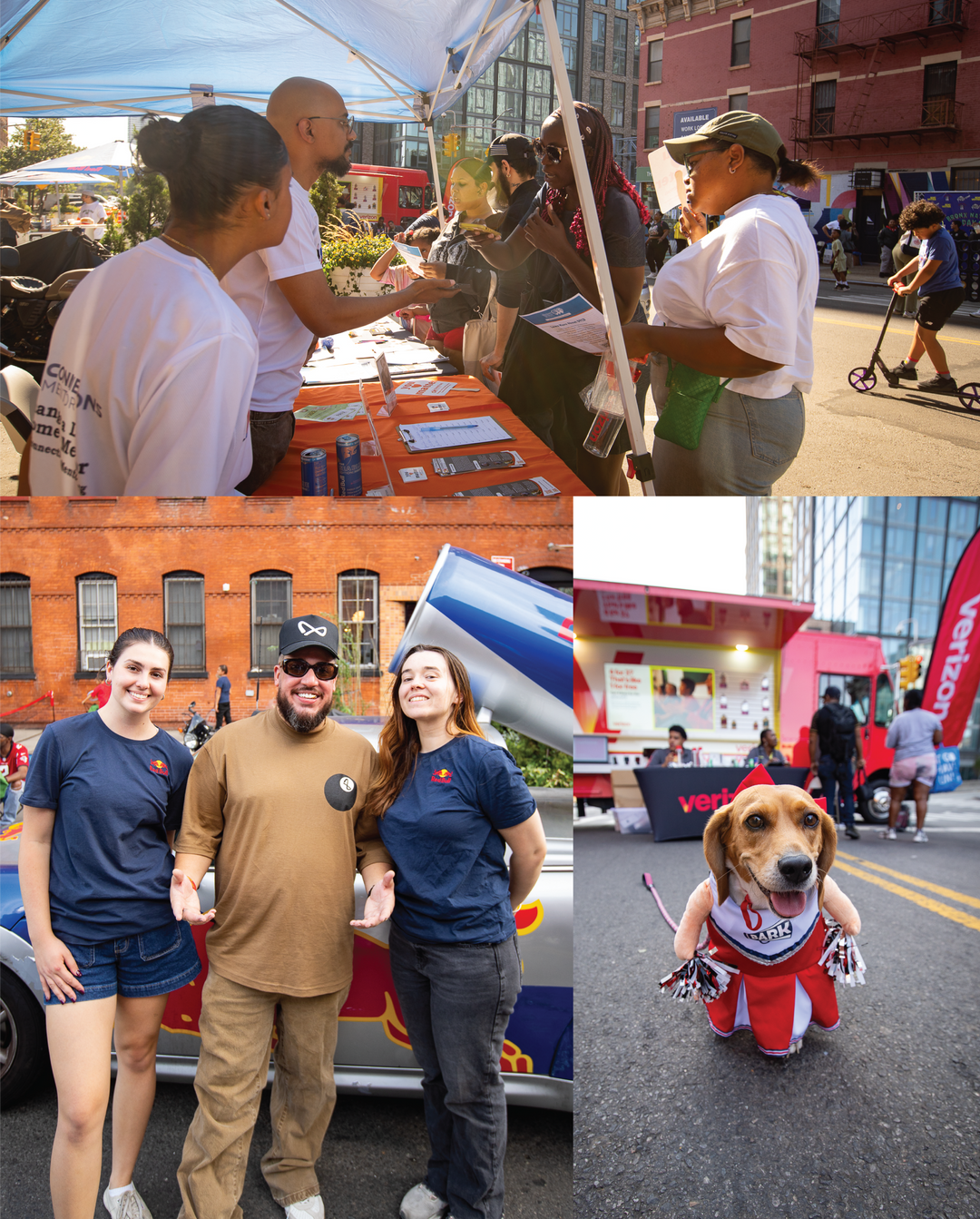 Collage of people at an outdoor event, a food truck, and a dog in a costume.