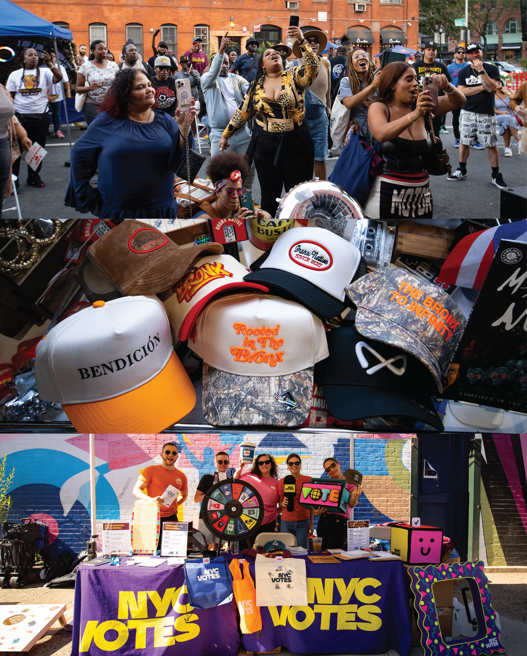 Collection of hats and a table with 'NYC Votes' sign at an outdoor event.