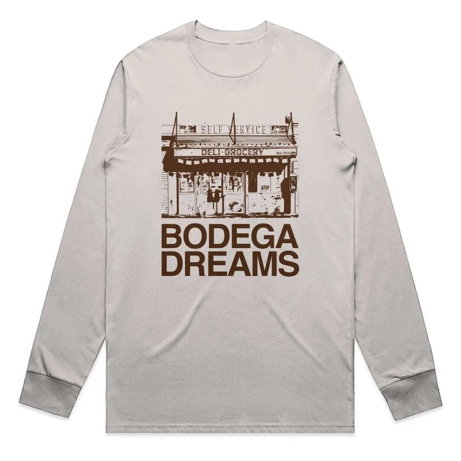 Gray long-sleeve shirt with 'Bodega Dreams' graphic on a white background