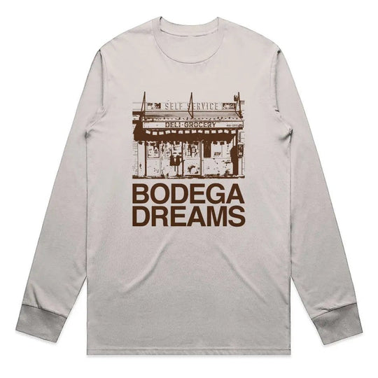 Gray long-sleeve shirt with 'Bodega Dreams' graphic on a white background