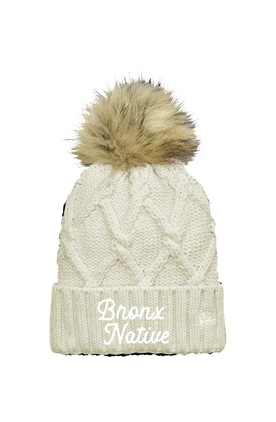 Bronx Native Classy Faux Fur Pom Beanie (Dark Brown Embroidered)