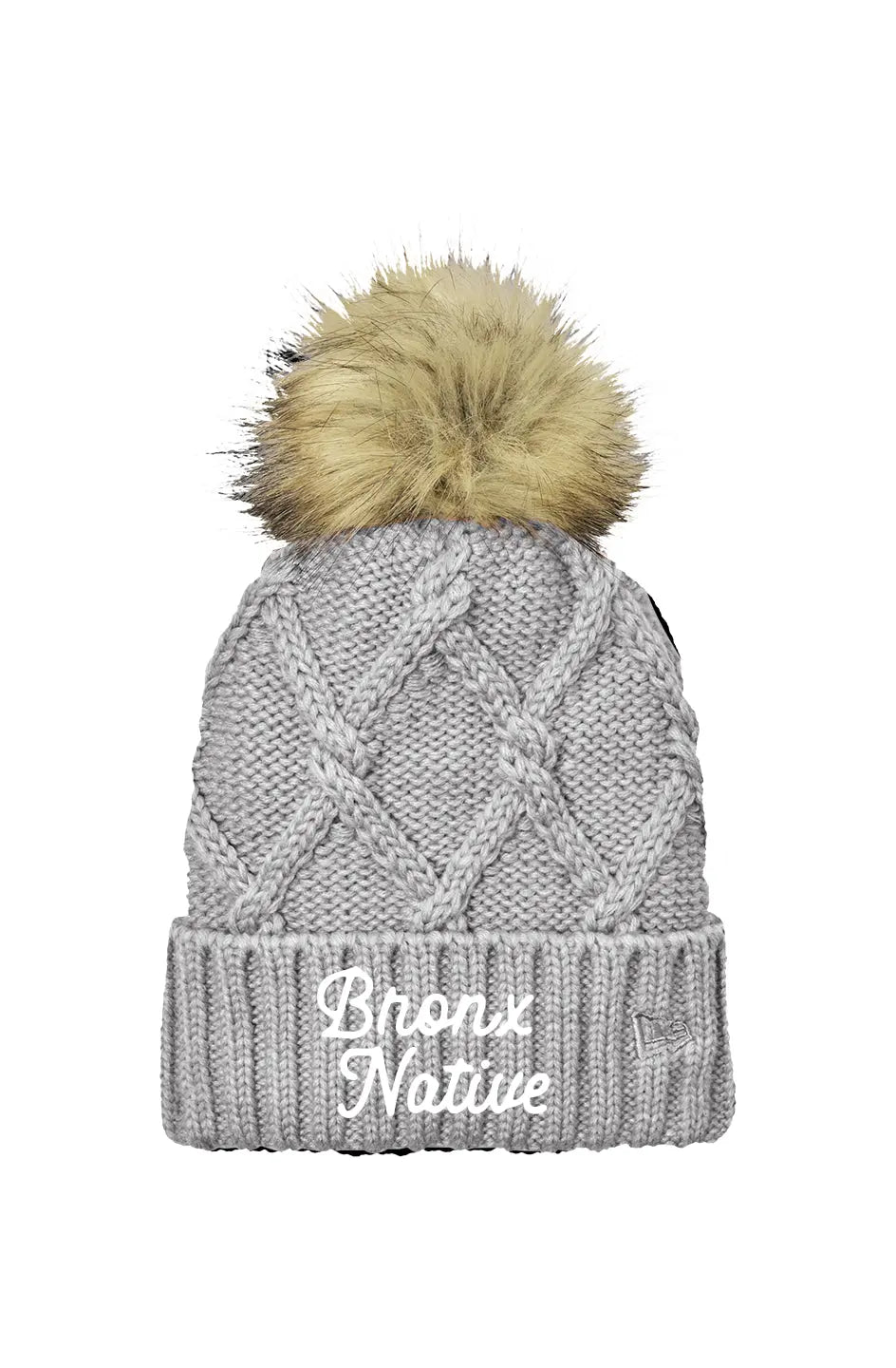 Bronx Native Classy Faux Fur Pom Beanie (Dark Brown Embroidered)