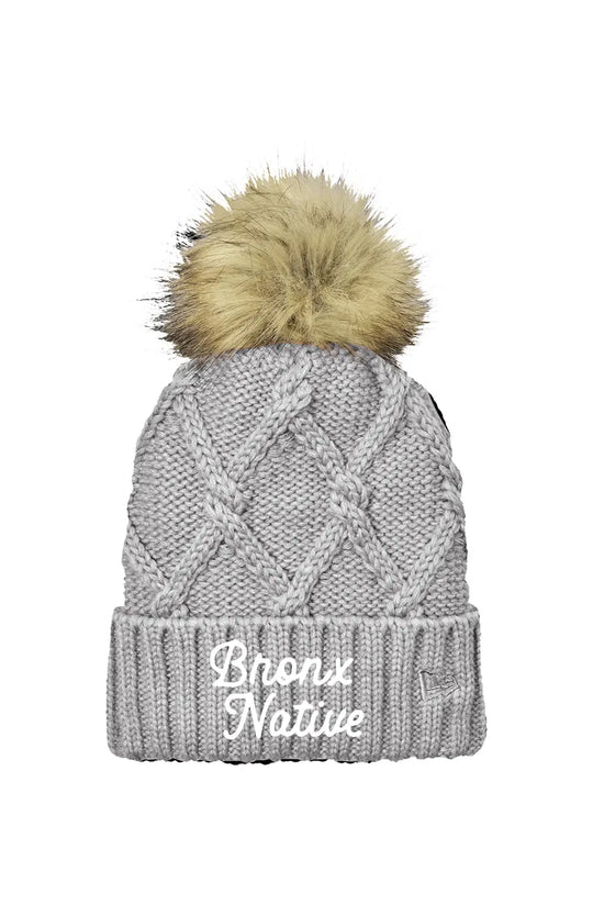 Bronx Native Classy Faux Fur Pom Beanie (Dark Brown Embroidered)