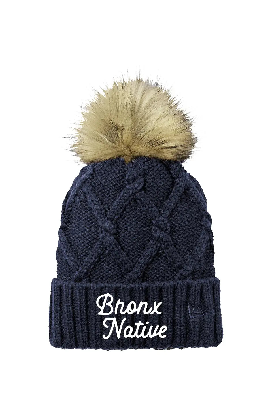 Bronx Native Classy Faux Fur Pom Beanie (White Embroidered)