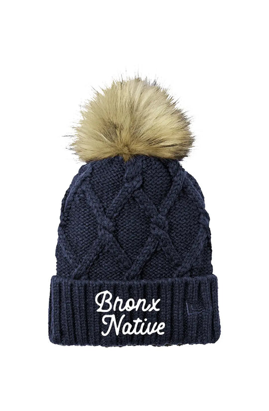 Bronx Native Classy Faux Fur Pom Beanie (White Embroidered)