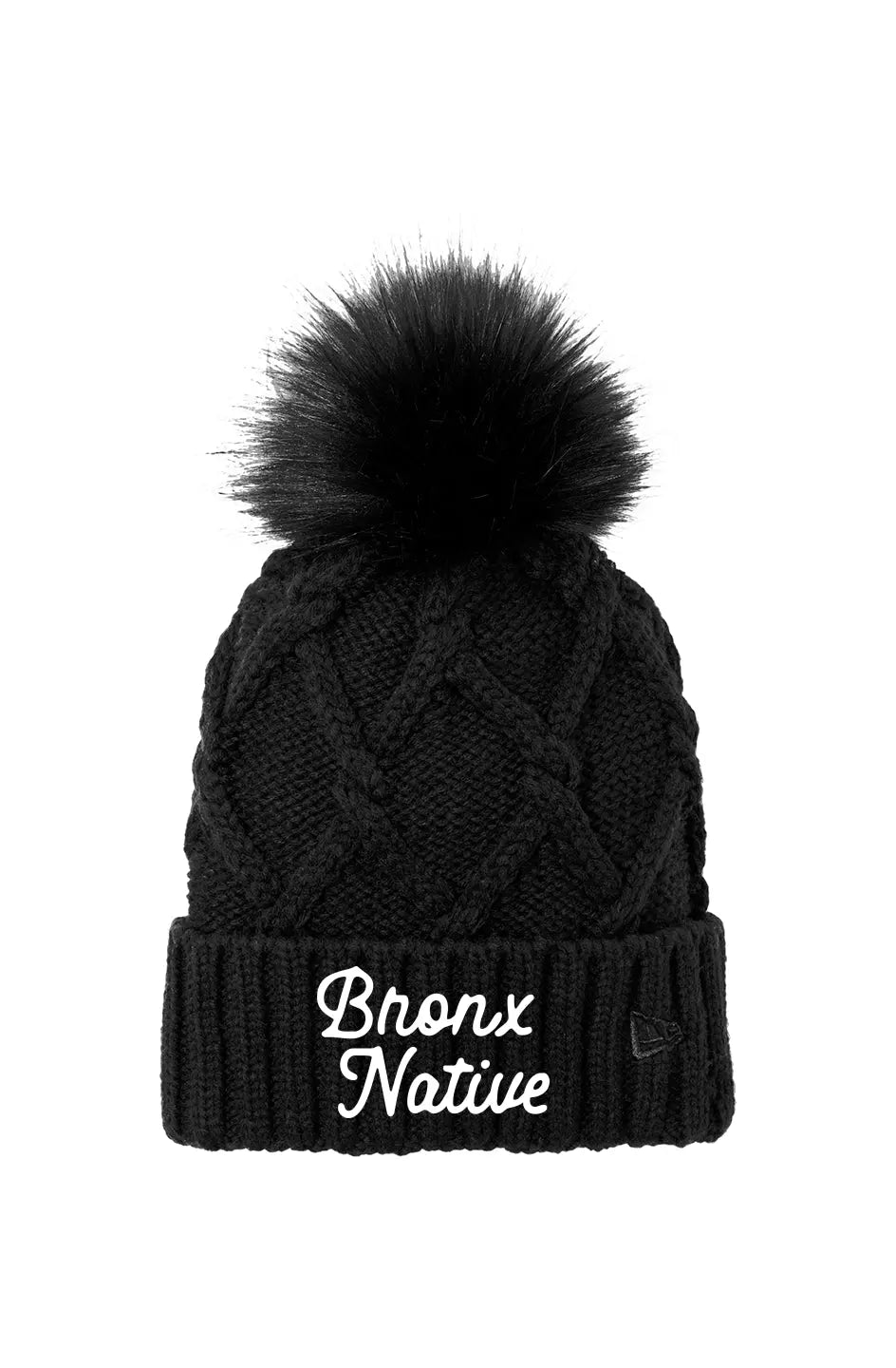 Bronx Native Classy Faux Fur Pom Beanie (White Embroidered)