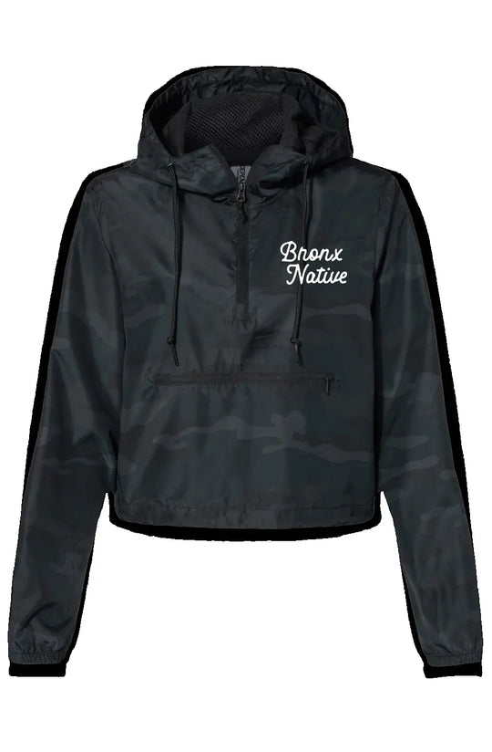Bronx Native Classy Womens Lightweight Pullover Crop Windbreaker (White Embroidered)