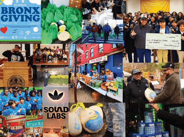 Collage of images related to Bronx Giving, Sound Labs, and community events.