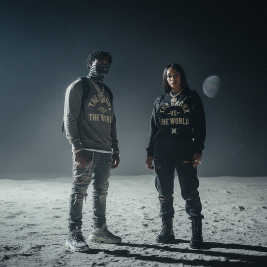 Two people standing on a barren landscape with a dark sky and moon.