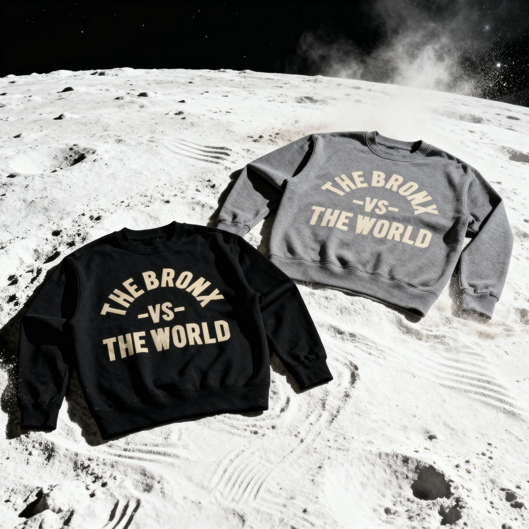 Two sweatshirts with 'The Bronx vs The World' text on a lunar surface background