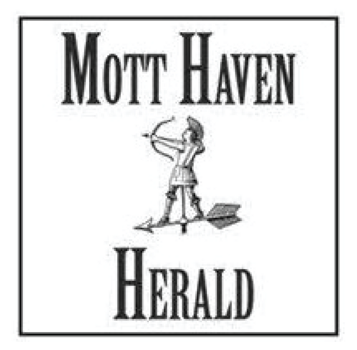 Logo of Mott Haven Herald with a stylized illustration of a person with an arrow on a white background