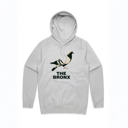 Gray hoodie with a graphic of a bird and 'The Bronx' text on a white background