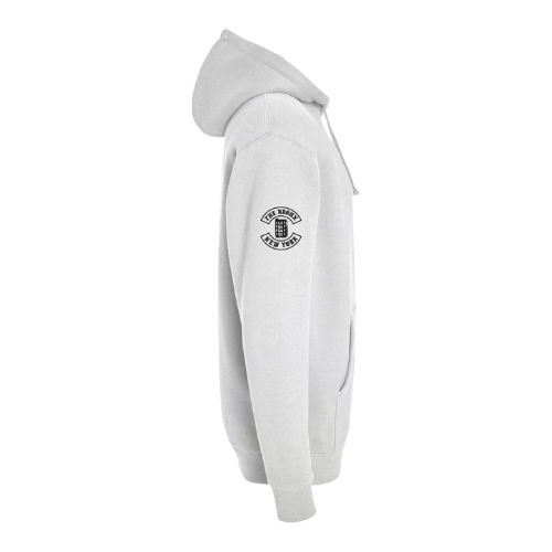 White hoodie with a logo on the chest against a white background