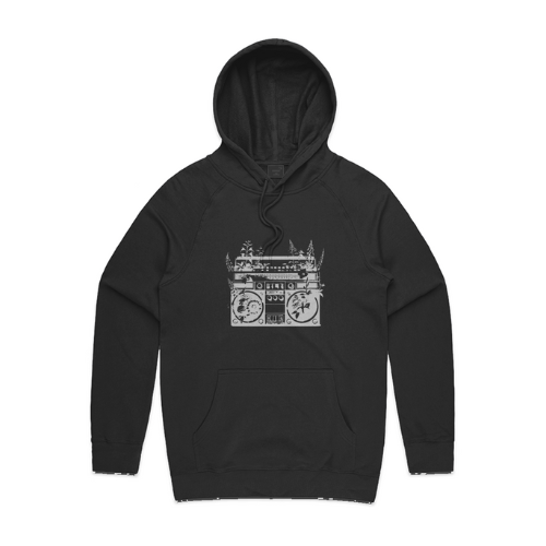 Black hoodie with a white graphic design on a white background