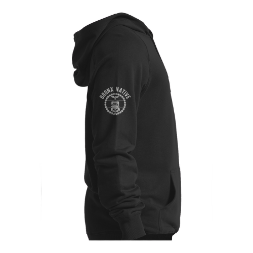 Black hoodie with 'Bronx Native' text on the back against a white background