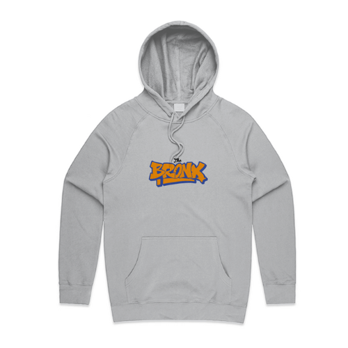 Gray hoodie with 'The Bronx' logo on a white background