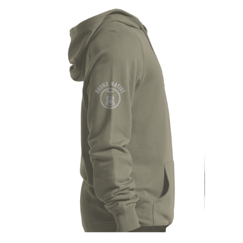 Green hoodie with a logo on the sleeve against a white background