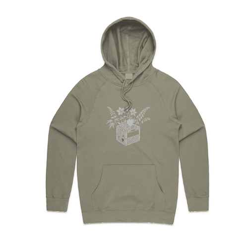 Green hoodie with floral design on a white background