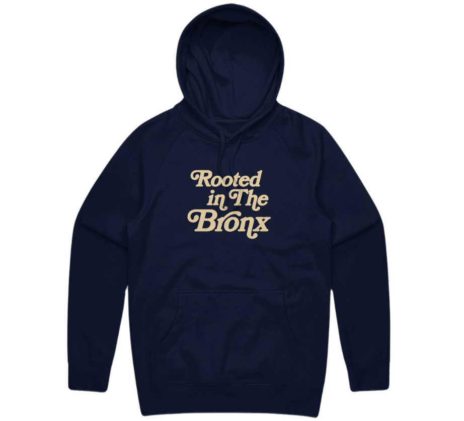 Navy blue hoodie with 'Rooted in The Bronx' text on a white background