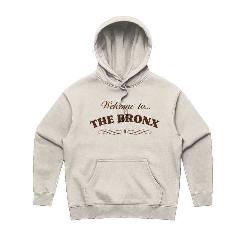 Gray hoodie with 'Welcome to The Bronx' text on a white background