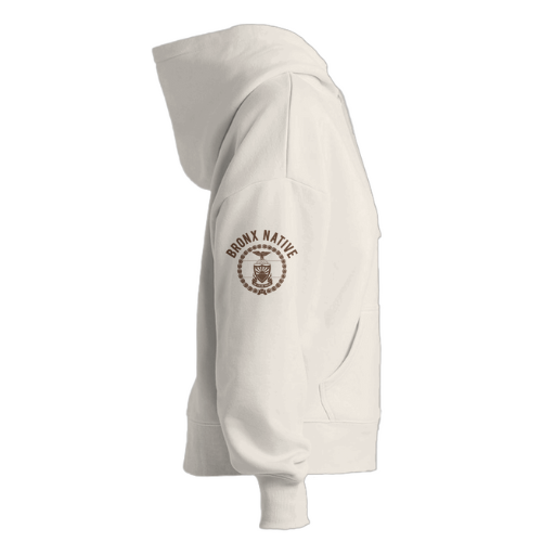 White hoodie with 'Bronx Native' text and logo on a white background