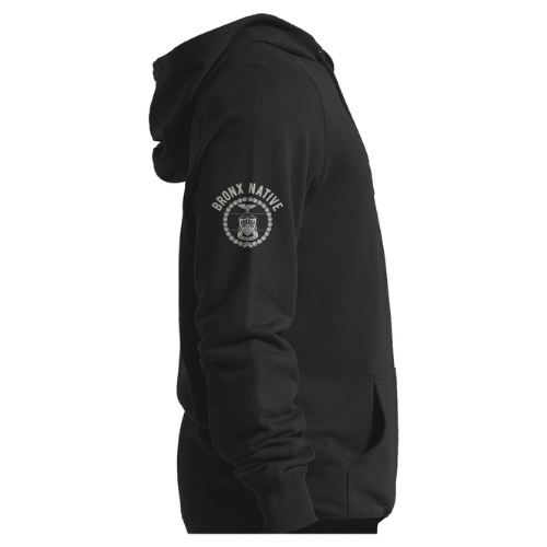 Black hoodie with 'Bronx Native' text and logo on a white background