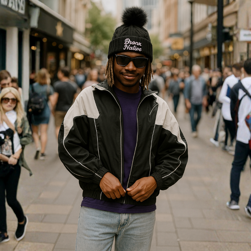 Bronx Native Classy Faux Fur Pom Beanie (White Embroidered)