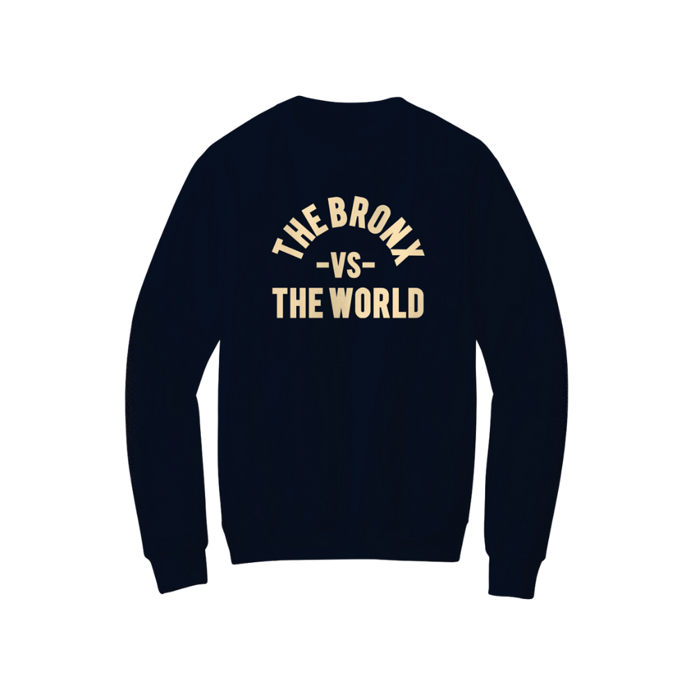 Black sweatshirt with 'The Bronx vs The World' text on a white background