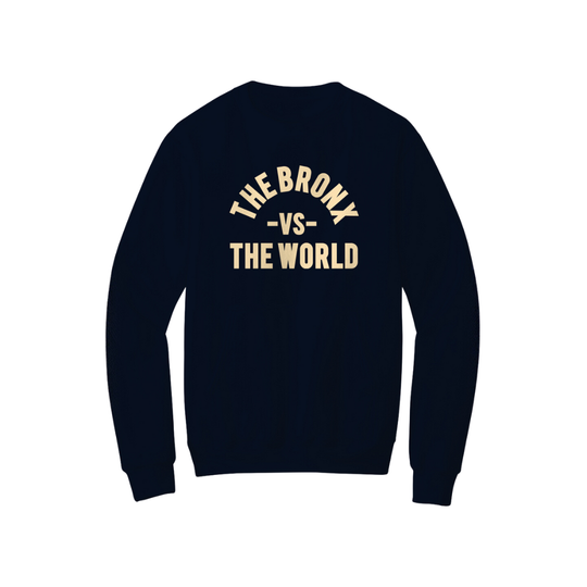 Black sweatshirt with 'The Bronx vs The World' text on a white background