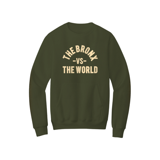 Green sweatshirt with 'The Bronx vs The World' text on the back against a white background