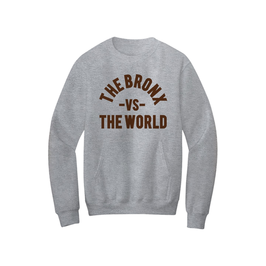 Gray sweatshirt with 'The Bronx vs The World' text on a white background