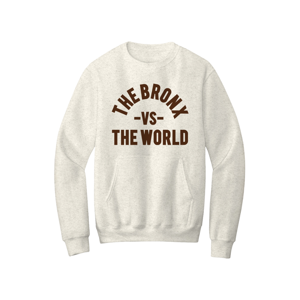 White sweatshirt with 'The Bronx vs The World' text on a white background