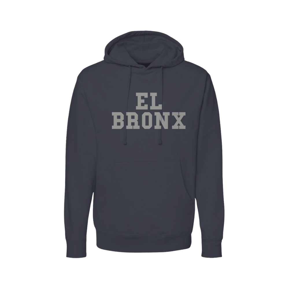 Navy hoodie with 'EL Bronx' text on a white background
