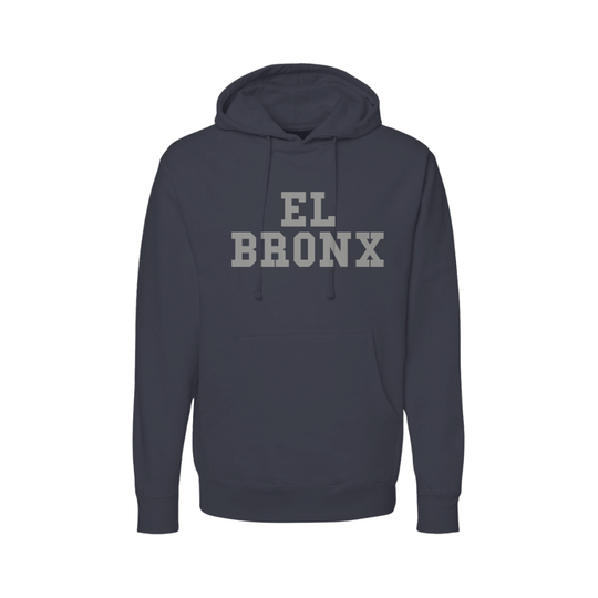 Navy hoodie with 'EL Bronx' text on a white background