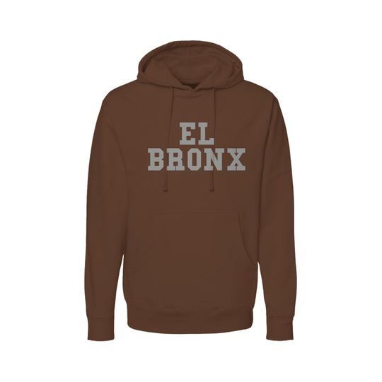 Brown hoodie with 'EL Bronx' text on a white background
