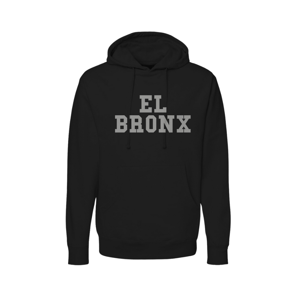 Black hoodie with 'EL Bronx' text on a white background