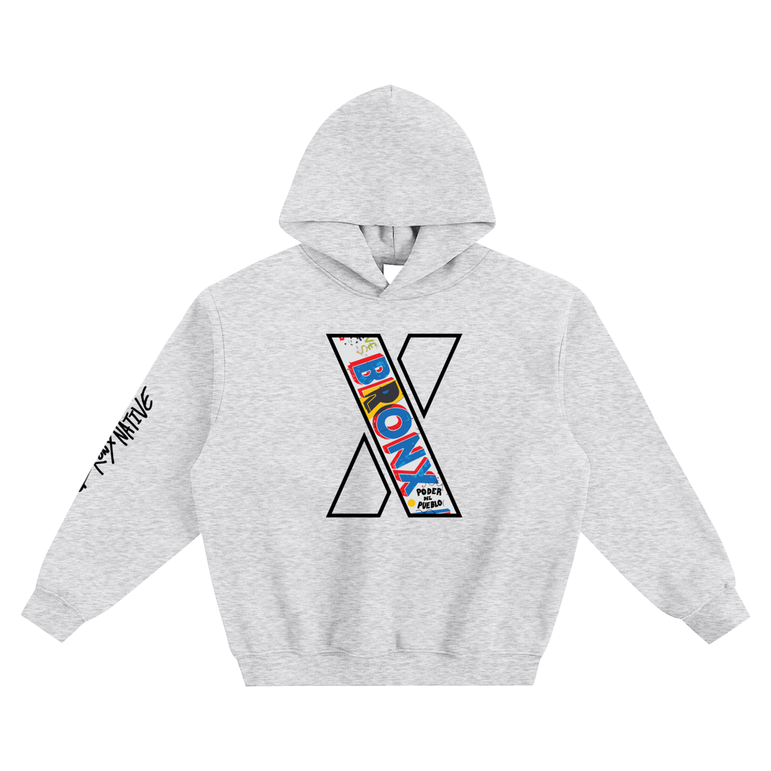 Gray hoodie with colorful 'BONY' graphic on a white background
