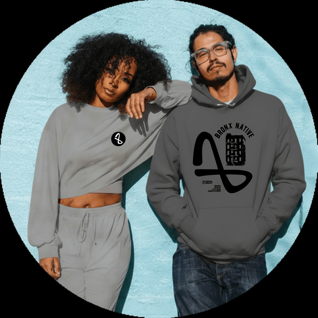 Two people wearing gray hoodies with 'Bunx Native' design on a light blue background