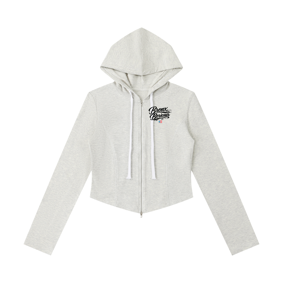 Women's Bronx Boricua Slim Cropped Full Zip Hoodie by Bronx Native - Puerto Rico Collection
